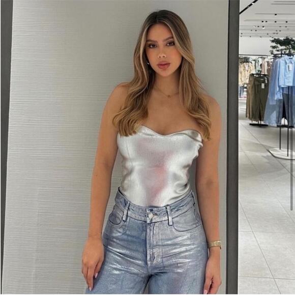 Zara Silver KNIT BUSTIER TOP Size Extra Large XL - Picture 1 of 16